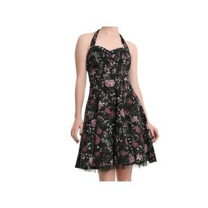 Hot Topic Floral Halter Puff Dress Sz XS Insect Goth Pinup Rockabilly Grunge